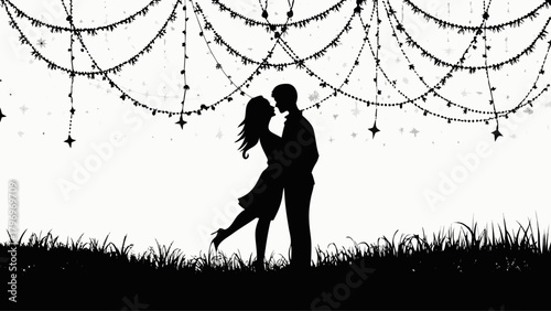 Romantic silhouette of a couple embracing under festive fairy lights, perfect for wedding invites, anniversary cards, or heartwarming designs, originally vector