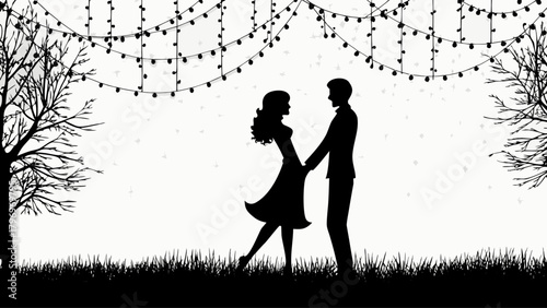 Romantic silhouette of couple dancing under string lights, perfect for wedding invitations, Valentine's Day cards, or elegant event promotions with love theme