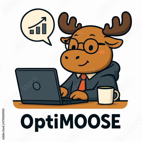 Optimistic Moose Office Mascot Working On Laptop For Productivity Analytics And Workflow Optimization Illustration