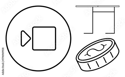 Video playback symbol, coin with dollar sign, and table in minimalist line art. Ideal for technology, finance, business, education, presentation tools, simple design and digital workplace themes