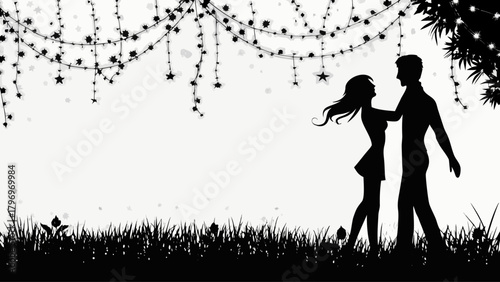 Romantic silhouette of couple under star string lights and trees, perfect for wedding, romance or anniversary designs with dreamy, love filled atmosphere