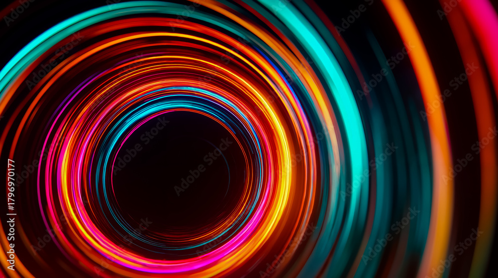 Fototapeta premium Colorful vibrant abstract concentric circles light rainbow swirl motion blur bright lens flare neon psychedelic circular dynamic artistic visual effects digital art