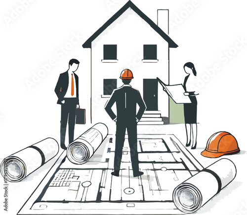 Architects reviewing house plans with blueprints and hard hats