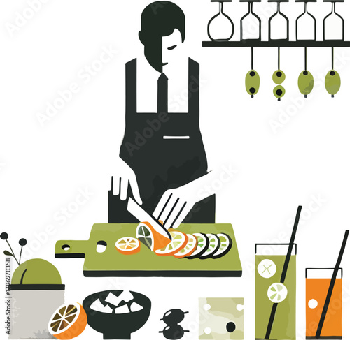 Bartender slicing citrus fruit for drinks orange