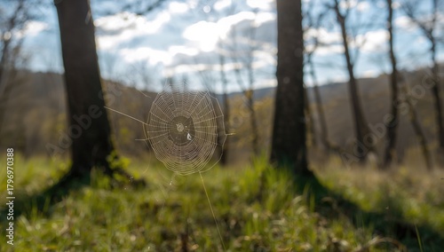 Cobweb intertwined among trees in the forest, showcasing seasonal change