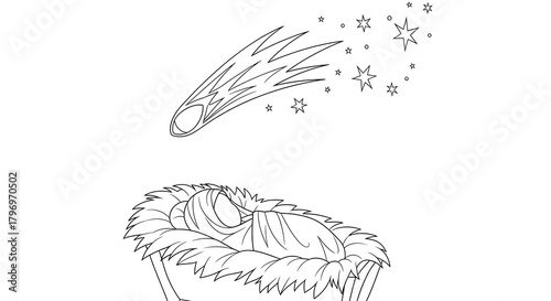 Line Art Depiction of Baby Jesus in a Manger.