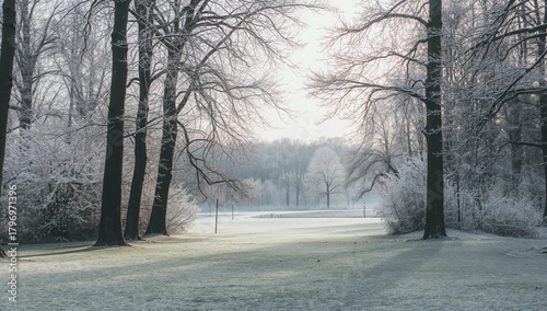 Winter scene of snow-covered Vondelpark with trees, showcasing seasonal change