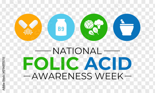 National Folic Acid Awareness Week graphic featuring vitamin B9 icons, medical symbols, and bold text promoting health education and nutrient importance. Banner poster, flyer and background design.