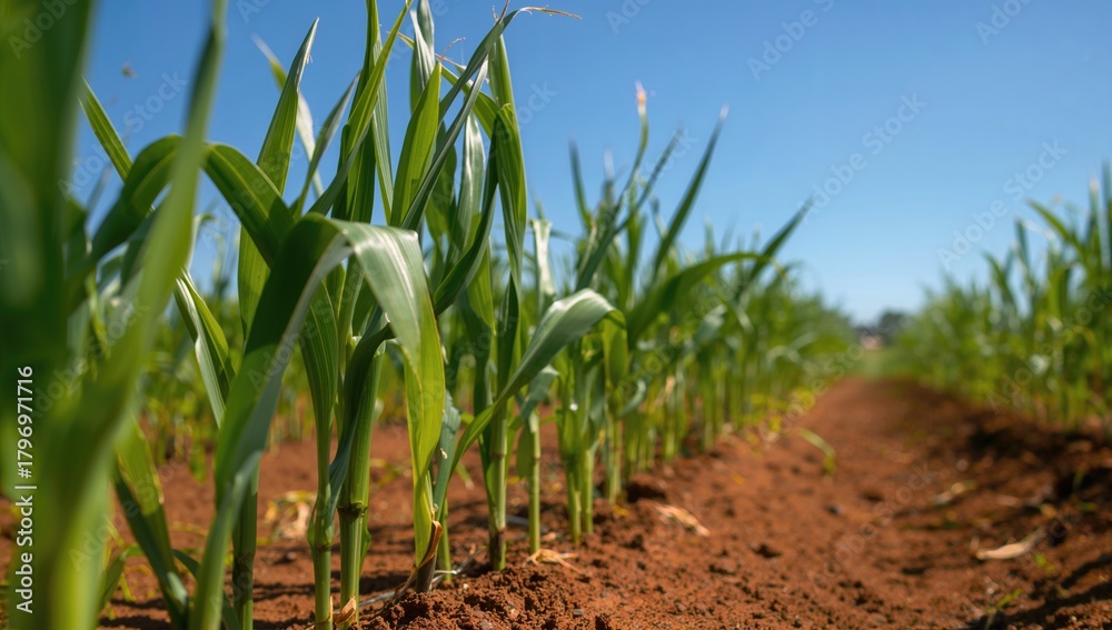 Obraz premium Close-up of young corn leaves, showcasing growth and agriculture practices