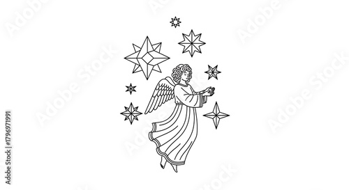 Elegant angel surrounded by stars in a minimalist line art style.
