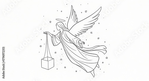 Elegant Angel with Lantern - A Serene Line Art Illustration.