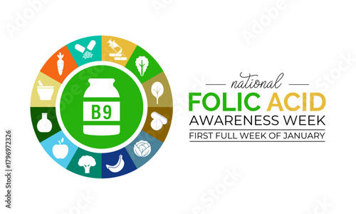 National Folic Acid Awareness Week graphic featuring vitamin B9 icons, medical symbols, and bold text promoting health education and nutrient importance. Banner poster, flyer and background design.