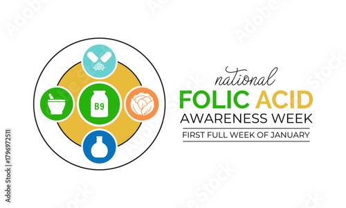 National Folic Acid Awareness Week graphic featuring vitamin B9 icons, medical symbols, and bold text promoting health education and nutrient importance. Banner poster, flyer and background design.