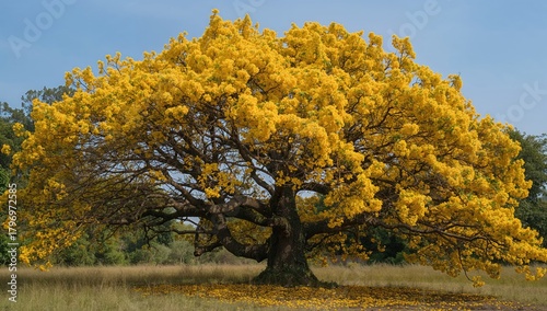 Yellow Ipe tree, vibrant symbol of Brazil, notable for its simultaneous bloom during late winter to early spring