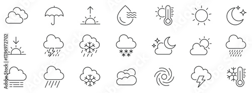 Weather forecast line icon set. Rainy, storm, snow, cloudy, sunny, windy, day, night, summer, winter, symbol, black, flat vector. set weather climate clouds sun temperature.
