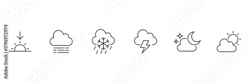 Weather forecast line icon set. Rainy, storm, snow, cloudy, windy, day, night, summer, winter, black, flat vector. set weather climate clouds sun temperature. Weather icon set.