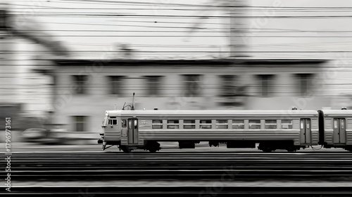 Train station tracks electric power lines building architecture blur motion transportation cityscape urban industrial monochrome vintage historical