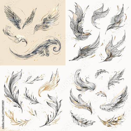 Expressive wing and feather illustrations with ink and gold accents. Dynamic brush textures convey motion and elegance for posters, branding, tattoos, and decorative projects.