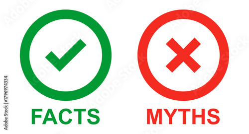Facts vs myths icons with check mark icon button myths facts label banner with checkmark icon. popup buttons