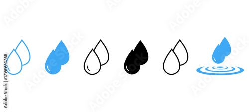 Blue water drops icon set. filled, outline, flat style for app user interface and web elements