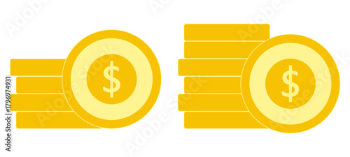 Coins stack vector illustration, coins icon flat, pile, money, one golden coin standing on stacked gold coins modern design,