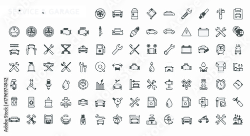 Large set of minimal line icons for car repair, auto service, and vehicle maintenance apps or websites