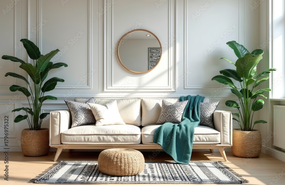 Naklejka premium Stylish living room interior modern sofa with pillows, cozy throw blanket. Large green houseplants in woven pots flank couch. Round mirror hangs on elegant white wall panels. Woven pouf on geometric