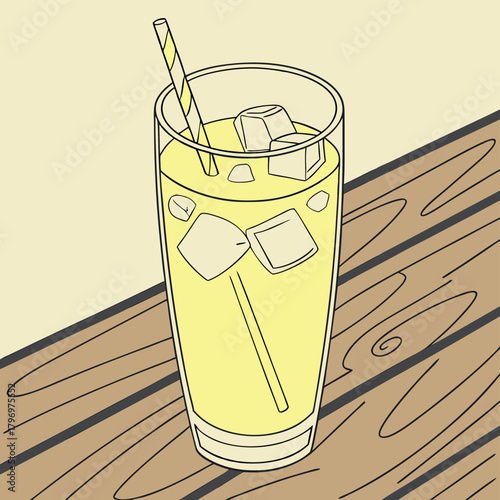 Minimal vector illustration of a tall glass filled with a refreshing lemon drink and ice cubes. Clean pastel palette, wooden table background, and simple line style make it ideal for cafe menus etc