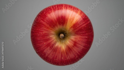 Bottom view of a small red apple, showcasing the calyx and common features, emphasizing its natural shape