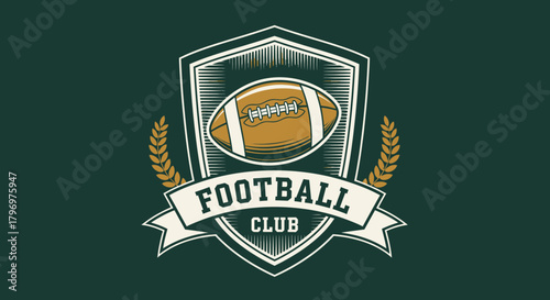 Vintage American football club logo with a shield, ball, and laurel wreath on a green background.