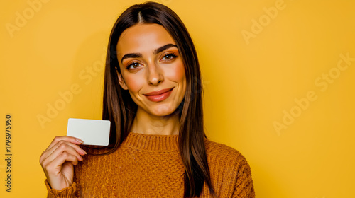 Woman smile card happy portrait yellow background makeup fashion sweater beauty model photography lifestyle social media influencer content creator
