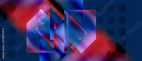 Abstract geometric composition. Red, blue hues blend, creating layered shapes. Circles dot background, adding depth. Modern digital art.