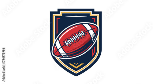 A stylized American football emblem featuring a red and white football superimposed on a dark blue shield with gold trim.