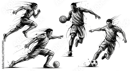 Dynamic black and white sketches of various male athletes in action, including running, basketball, and soccer players.