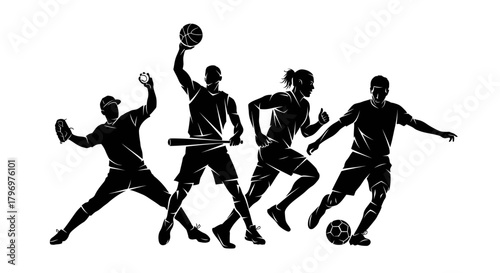 Silhouettes of athletes engaged in various sports, including baseball, basketball, and soccer, depicted in dynamic action poses.