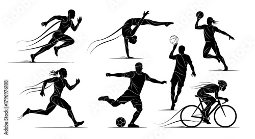 Dynamic black silhouettes of male and female athletes engaged in various sports activities.