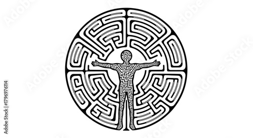 A detailed illustration of a human figure within a complex circular maze, representing the journey of self-discovery.