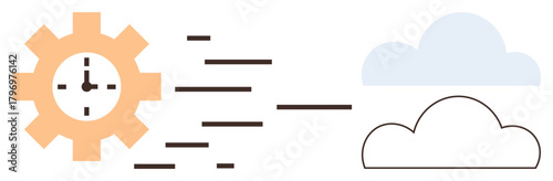 Clock gear with embedded clock face emits motion lines connecting to cloud outlines. Ideal for automation, time management, cloud computing, tech synchronization, workflow, digital processes, simple