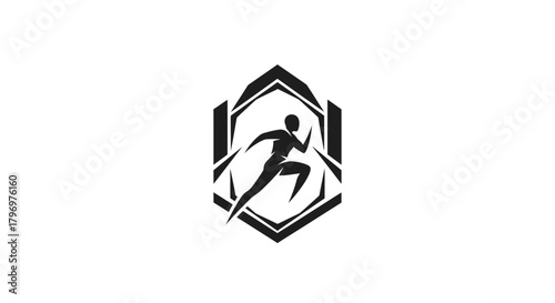 Monochrome graphic icon featuring a sprinting athlete within a geometric shield design.