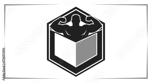 A black and white logo featuring a muscular male silhouette emerging from an open hexagonal box, symbolizing strength and fitness.
