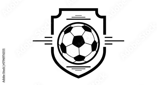 Black and white graphic illustration of a soccer ball centered within a shield emblem, with decorative lines on either side.