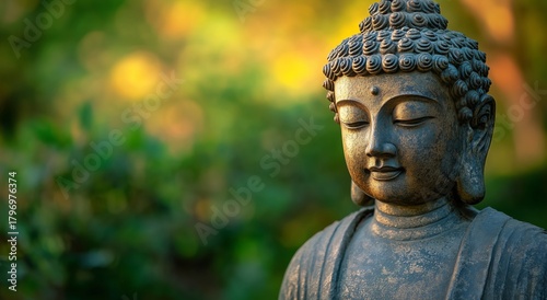Buddha Statue in Tranquil Garden Setting During Golden Hour