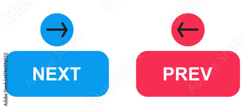 next and previous buttons with arrow right left icon in modern label banner. back prev and next button