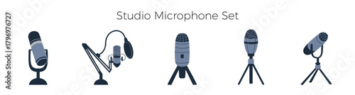 Studio microphones set isolated on a white background. Vector illustration, flat doodle, hand-drawn. Horizontal banner. Gray-black microphones. Podcast and streaming equipment.