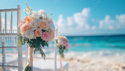 Beautiful Beach Wedding Setting With Floral Bouquet and Ocean Background in S...