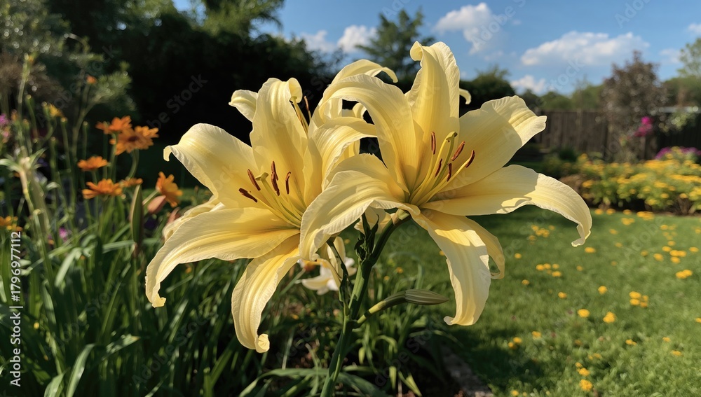 Obraz premium Yellow Lily Flowers Flourishing Outdoors, Seasonal Change