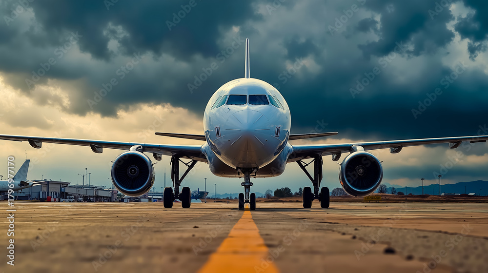 Obraz premium Airplane airport runway cloudy sky jet aircraft airliner air travel airline air transport airplane wing air traffic airfield aviation airway