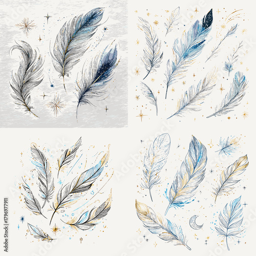 Elegant watercolor feathers in blue, gold, and gray with starry accents. Delicate celestial plumes for boho branding, stationery, patterns, and dreamy decorative design projects.