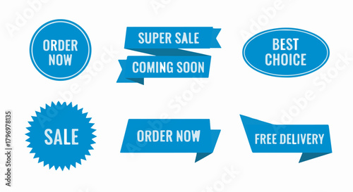 Blue vector set of promotional sale badges, ribbons, and labels for e-commerce and marketing