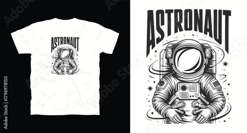 Monochrome Astronaut in Spacesuit Vector Graphic Featuring Stars and Planets for Outer Space Theme T Shirt Designs and Exploration Concepts